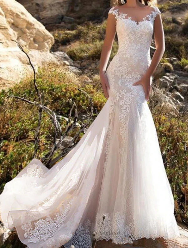 Luolandi Engagement Formal Wedding Dresses Mermaid / Trumpet Illusion Neck Cap Sleeve Chapel Train Lace Bridal Gowns With Lace Appliques