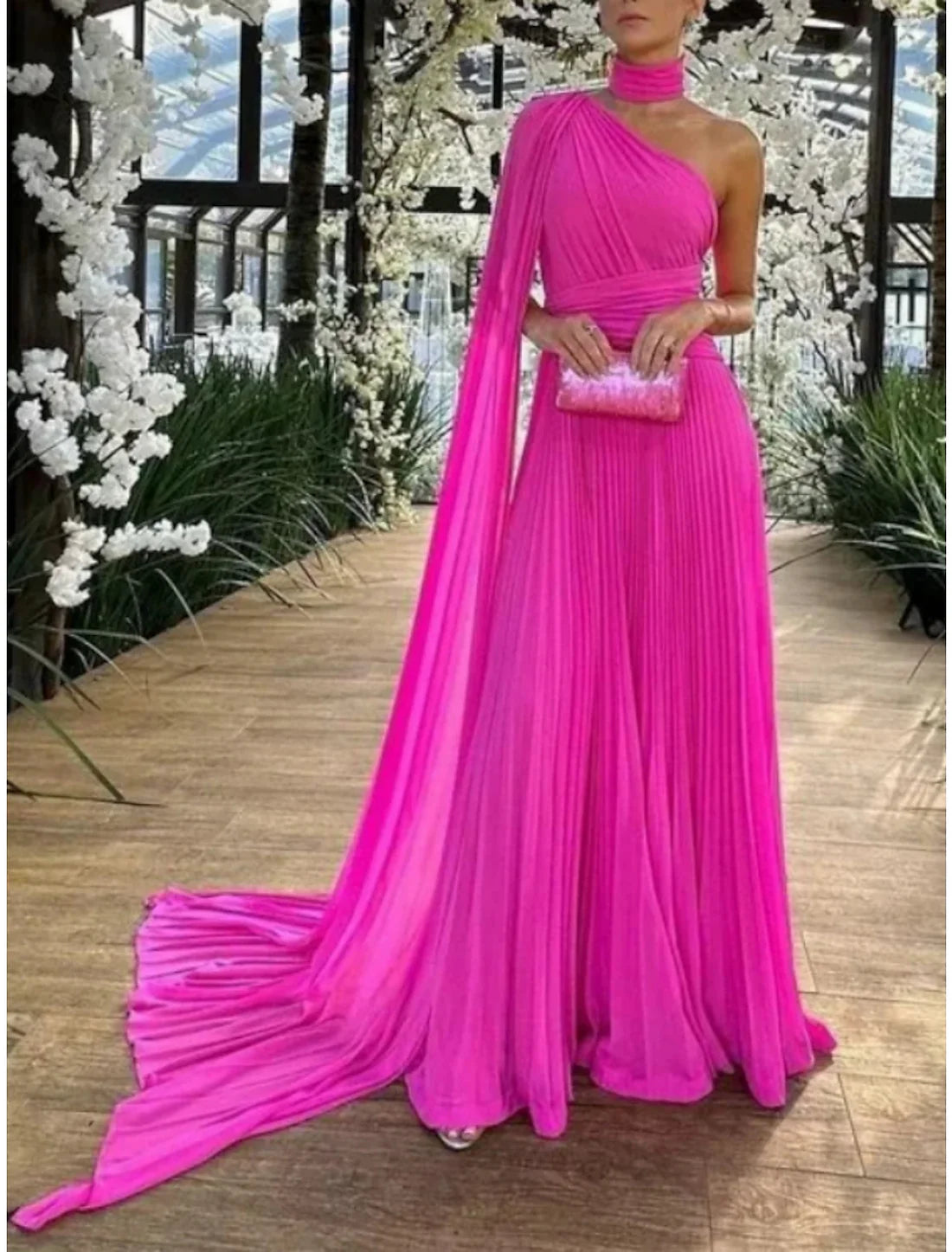 Luolandi A-Line Evening Gown Elegant Prom Dress Formal Sweep / Brush Train Sleeveless One Shoulder with Pleats Ruched
