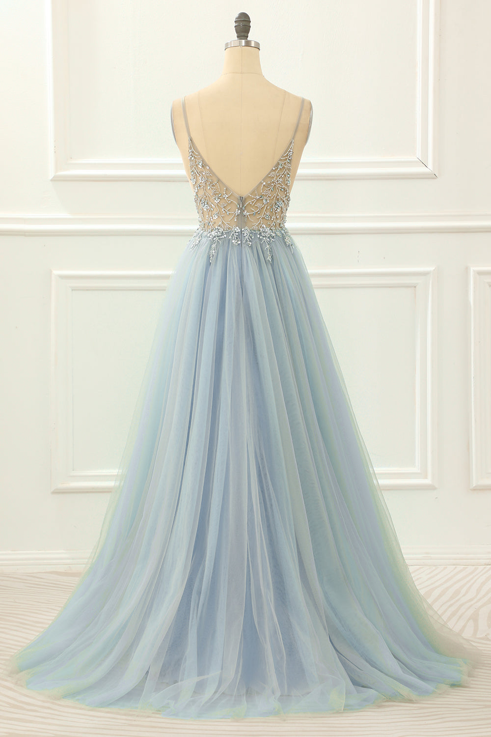 Luolandi Light Blue Beading Tulle A Line Sparkly Prom Dress V-neck Floor Length