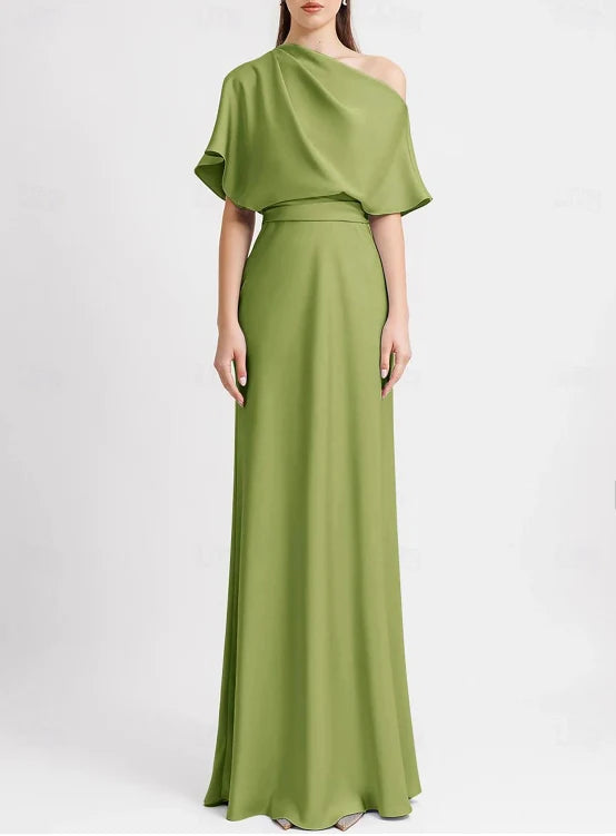 Luolandi A-Line Evening Gown Wedding Guest Floor Length Sleeveless One Shoulder Satin with Pleats