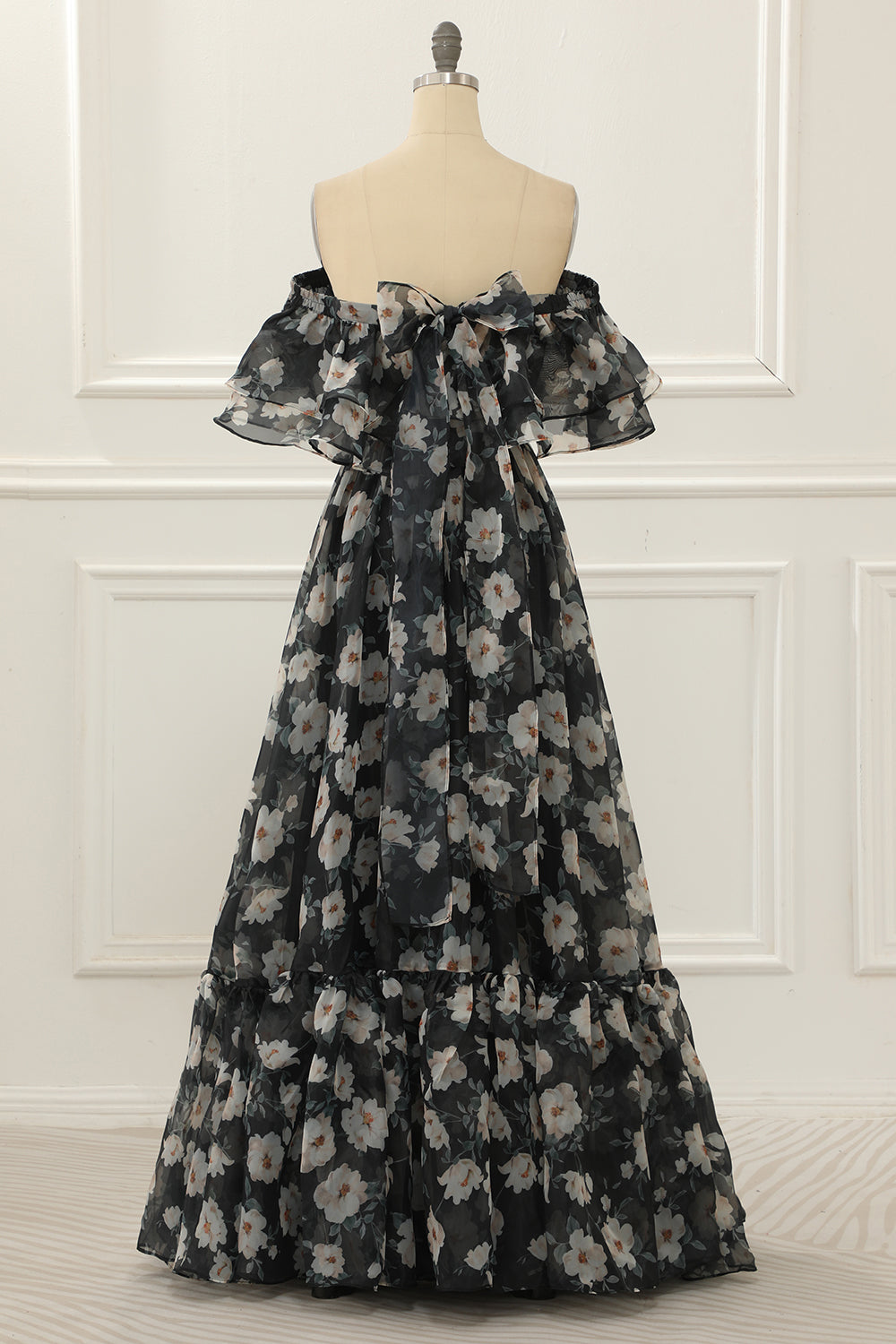 Luolandi Black Print Off Shoulder A Line Prom Dress With Ruffles Floor Length Elegant