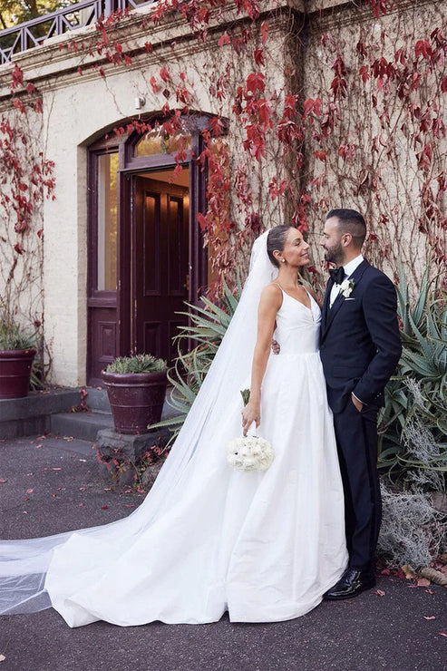 Luolandi A-Line Satin Spaghetti Straps Backless Wedding Dresses V-neck Sexy