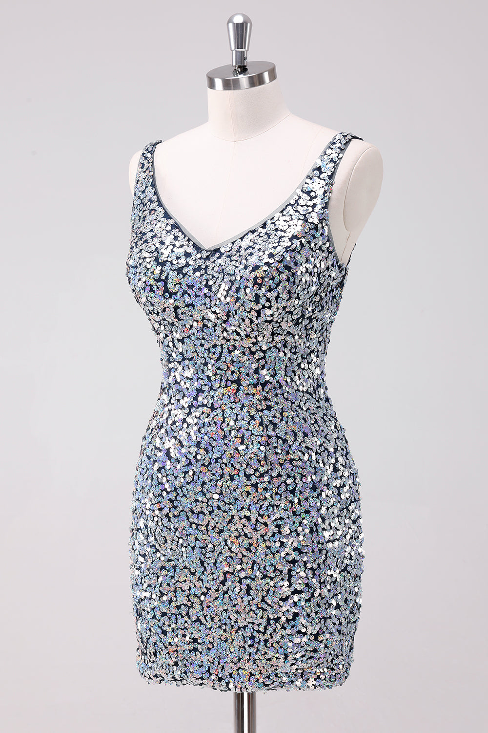 Luolandi Sequins Silver Bodycon V-Neck Short Homecoming Dress Sparkly Party Dress