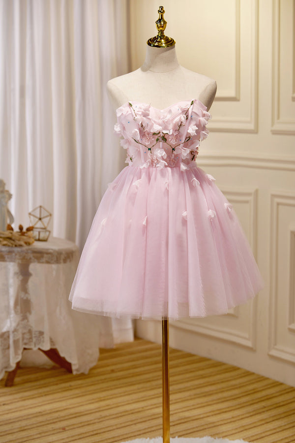 Luolandi A-line Tulle Short Homecoming Dress Off Shoulder Pink Party Dress With Flowers