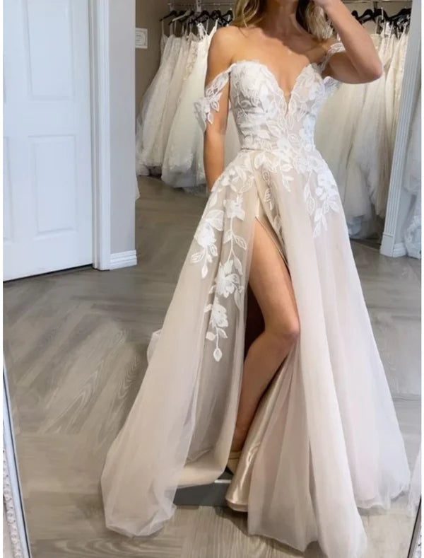 Luolandi Beach Formal Wedding Dresses A-Line Off Shoulder Sleeveless Sweep / Brush Train Lace Bridal Gowns With Pleats Split