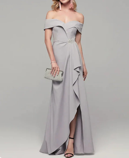 Luolandi Dresses Elegant & Luxurious Dress Wedding Guest Floor Length Short Sleeve Off Shoulder Spandex with Rhinestone Split Front Mother of the Bride Dress