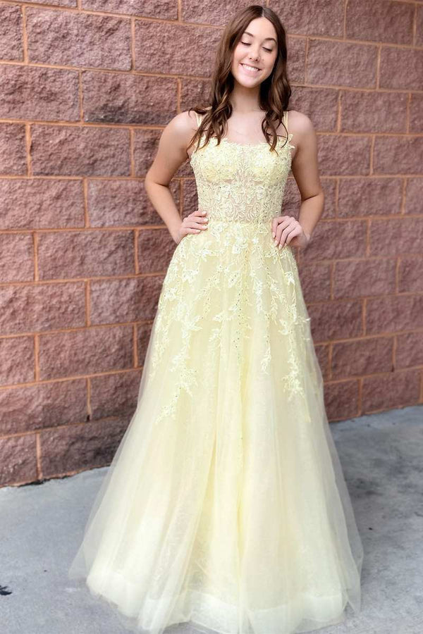 Luolandi A-Line Yellow Tulle Applique Lace-Up Prom Dress Floor Length Beautiful