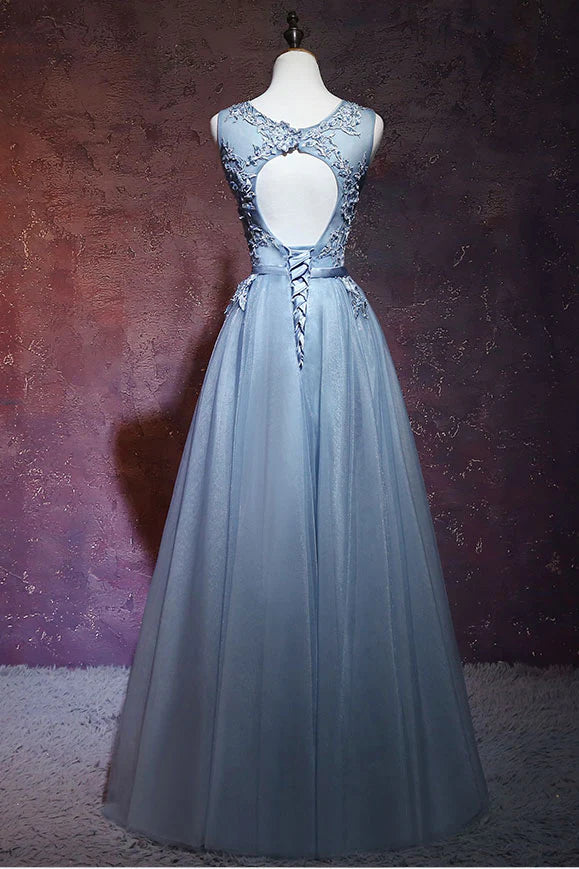 Luolandi Gray blue tulle lace long prom dress evening dress A Line Sleeveless Formal Dress with Appliques