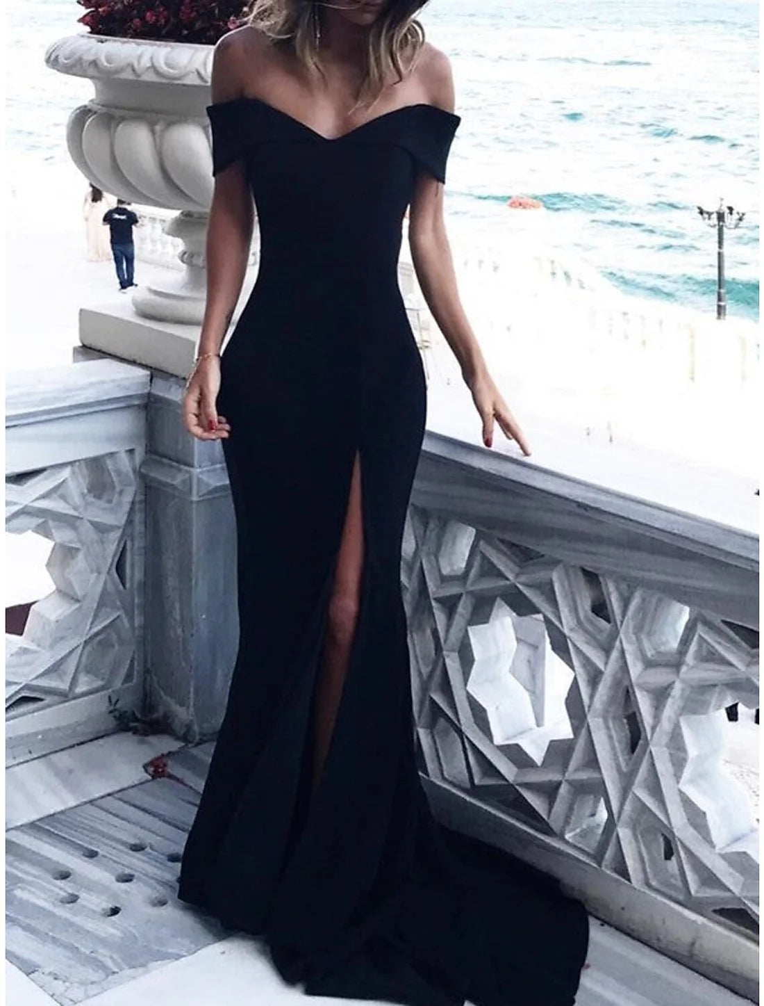 Luolandi A-Line Evening Gown Elegant Dress Formal Court Train Short Sleeve Off Shoulder Fabric with Pleats Slit Sexy Party Dress