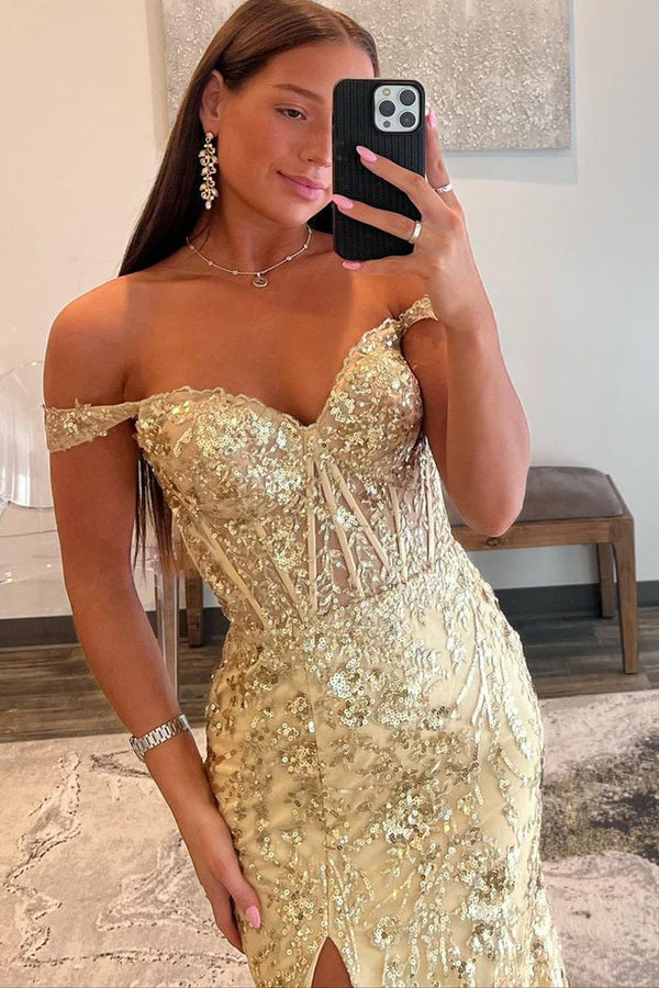 Luolandi Gold Sequin Lace Off the Shoulder Mermaid Prom Dress Sparkly Evening Dress