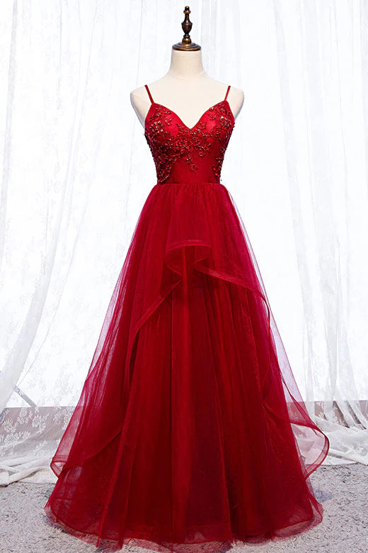 Luolandi A Line tulle lace beads long prom dress evening dress  Red Formal Dress with Appliques