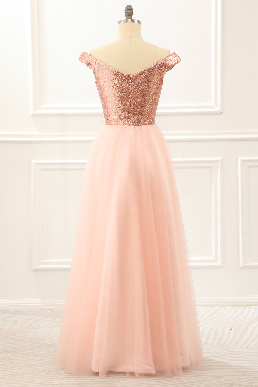 Luolandi Off The Shoulder Blush Sequins Prom Dress V-neck Sparkly Sexy