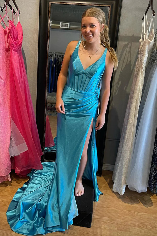 Luolandi Grape Mermaid Satin V Neck Long Prom Dress with Slit Sexy Evening Dress