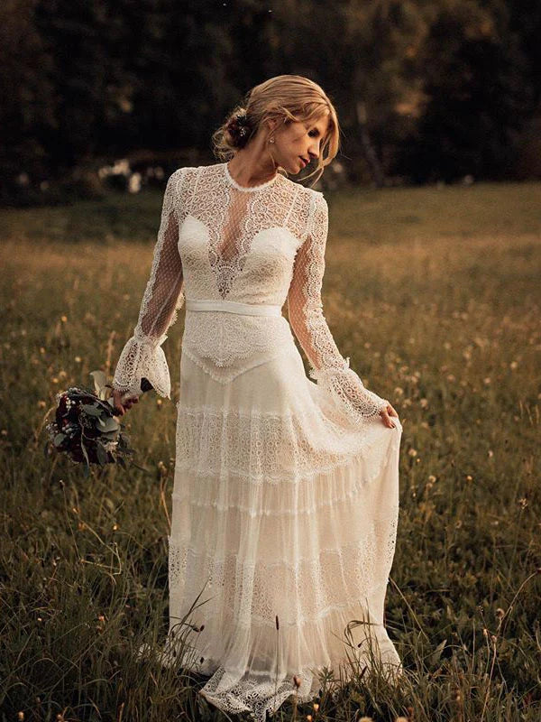 Luolandi Beautiful Long Sleeves Lace A-Line Wedding Dresses Gowns Floor Length Elegant