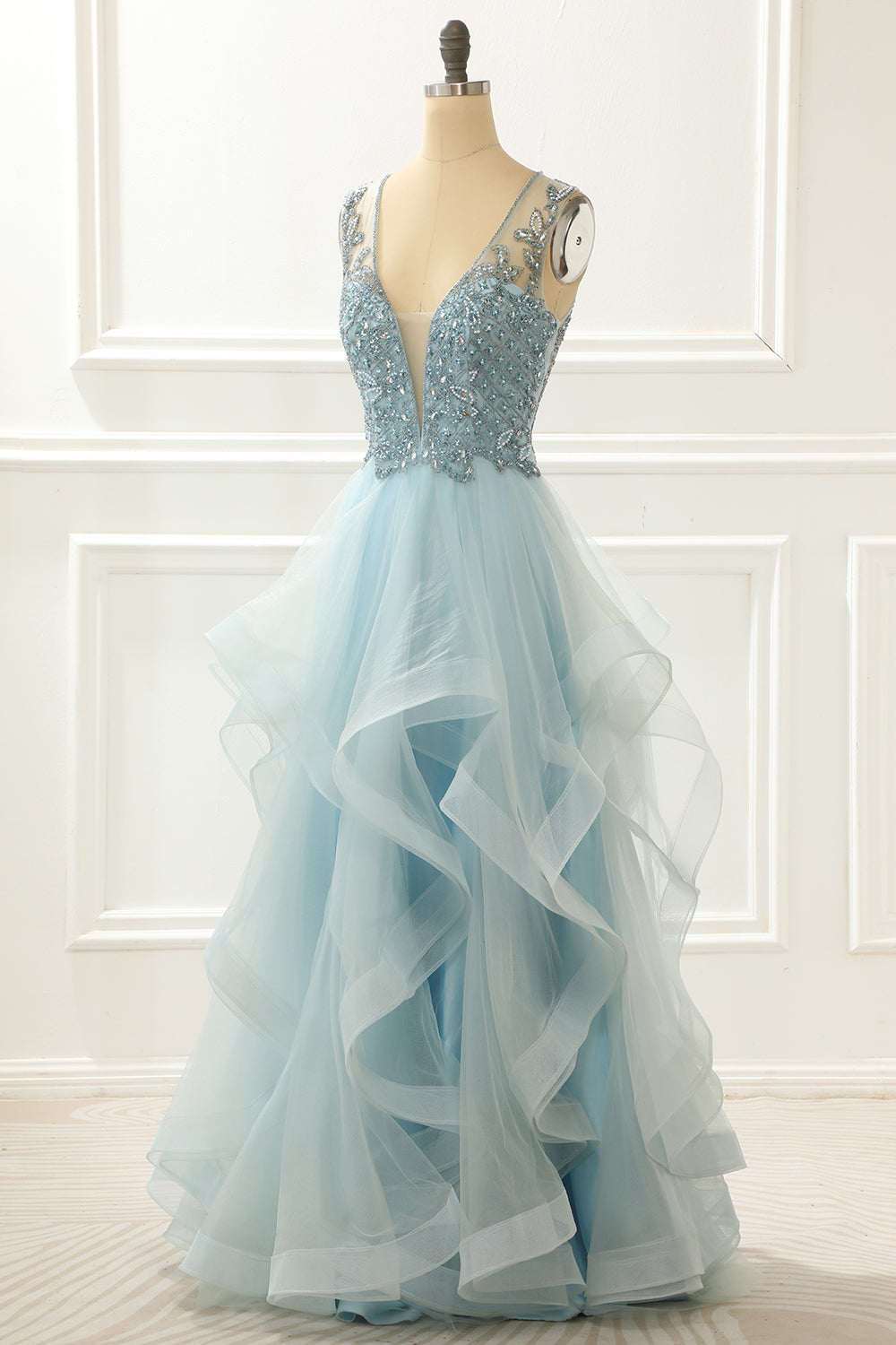 Luolandi A Line Light Blue Long Prom Dress With Appliques V-neck Charming Evening Party Dress