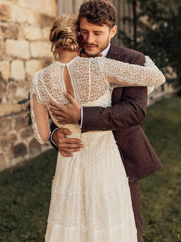 Luolandi Beautiful Long Sleeves Lace A-Line Wedding Dresses Gowns Floor Length Elegant