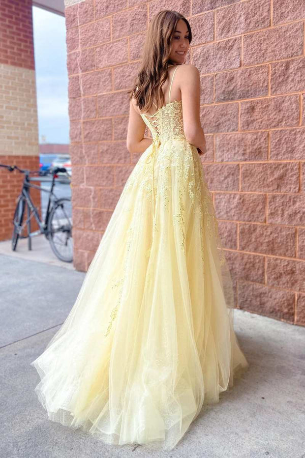 Luolandi A-Line Yellow Tulle Applique Lace-Up Prom Dress Floor Length Beautiful