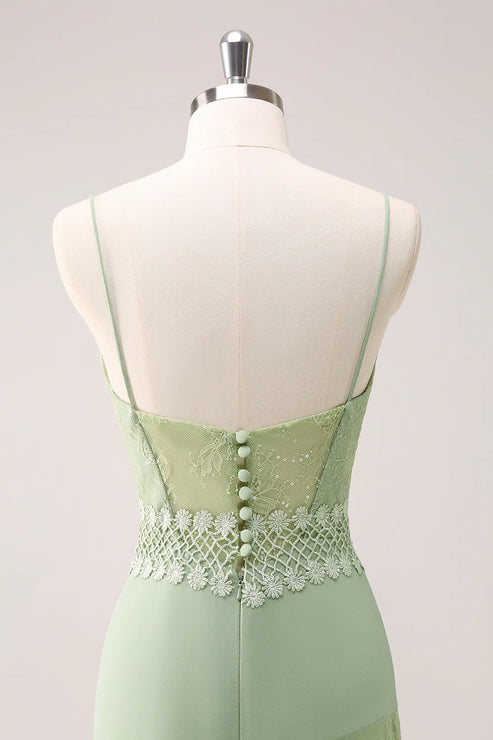 Luolandi Green Floral Rufffled Chiffon Bridesmaid Dress with Lace Floor Length Party Dress