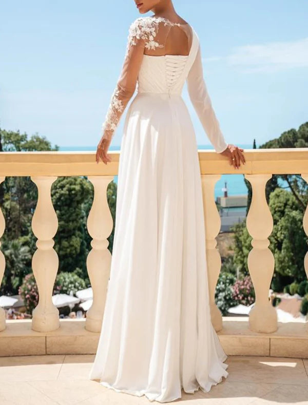 Luolandi Beach Mature Wedding Dresses A-Line Scoop Neck Long Sleeve Sweep / Brush Train Chiffon Bridal Gowns With Pleats Split
