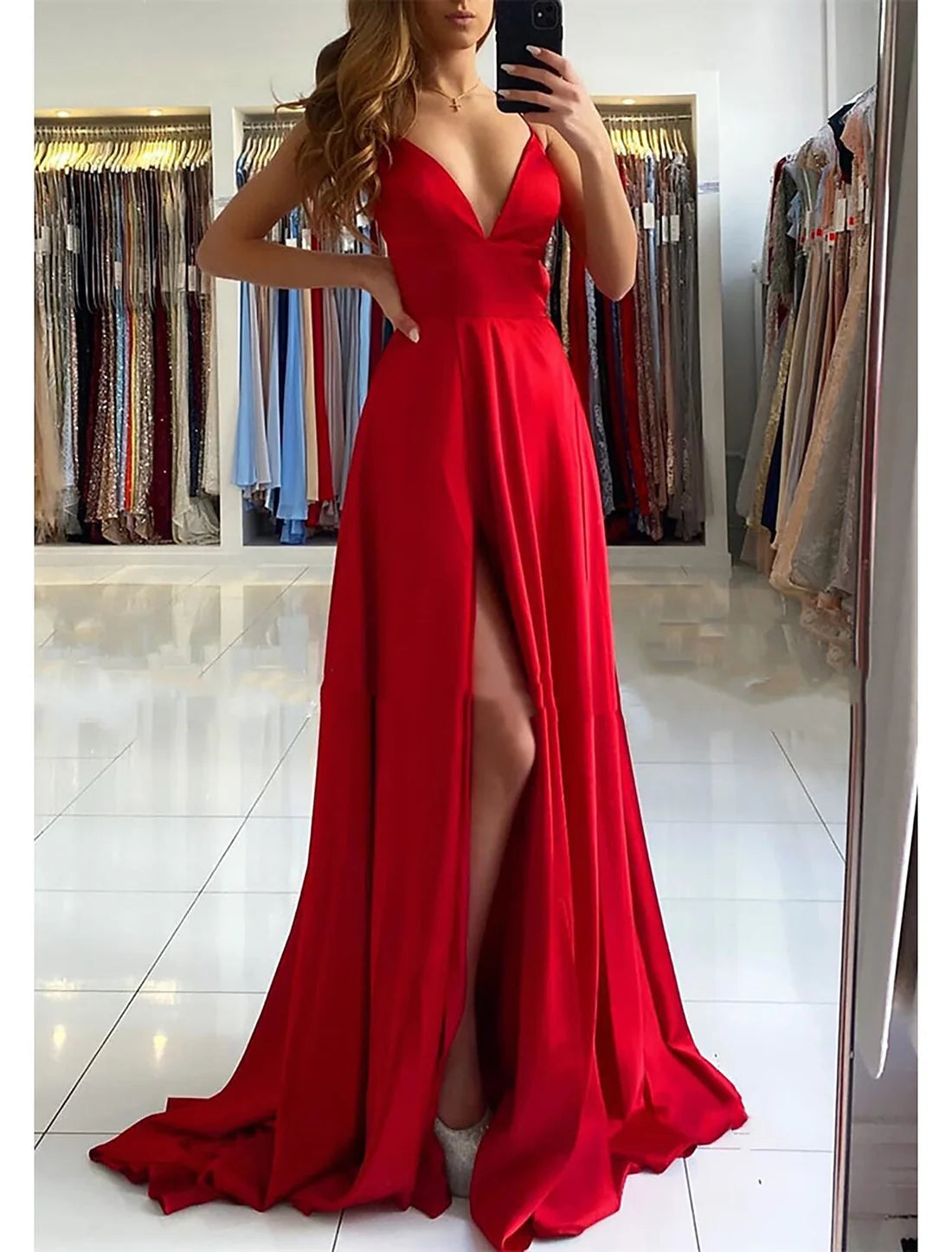 Luolandi A-Line Prom Dresses Empire Dress Formal Prom Sweep / Brush Train Sleeveless V Neck Imitation Silk Backless with Pleats Slit Sexy Party Dress