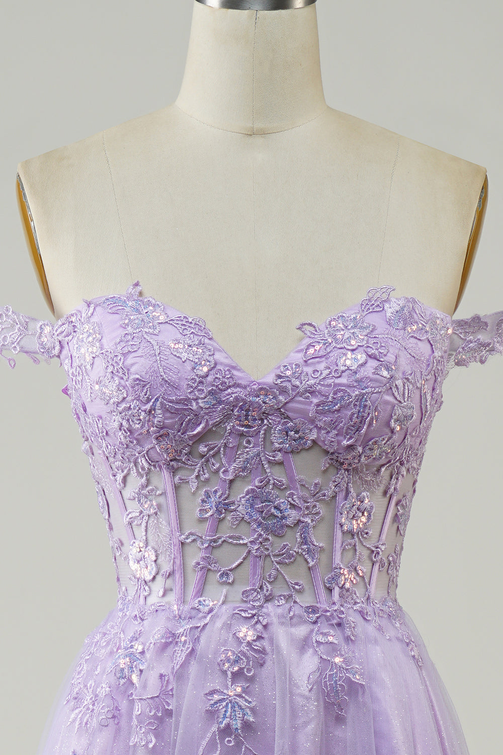 Luolandi Corset A-Line Long Tulle Prom Dress With Lace Off Shoulder Lilac with Appliques