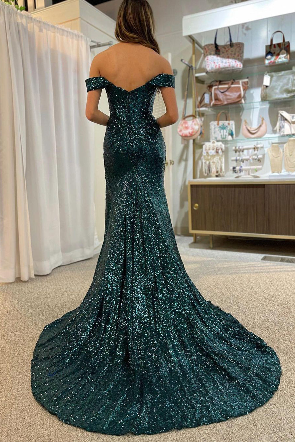 Luolandi Blue Off Shoulder Mermaid Prom Dress With Slit Sparkly Evening Dress
