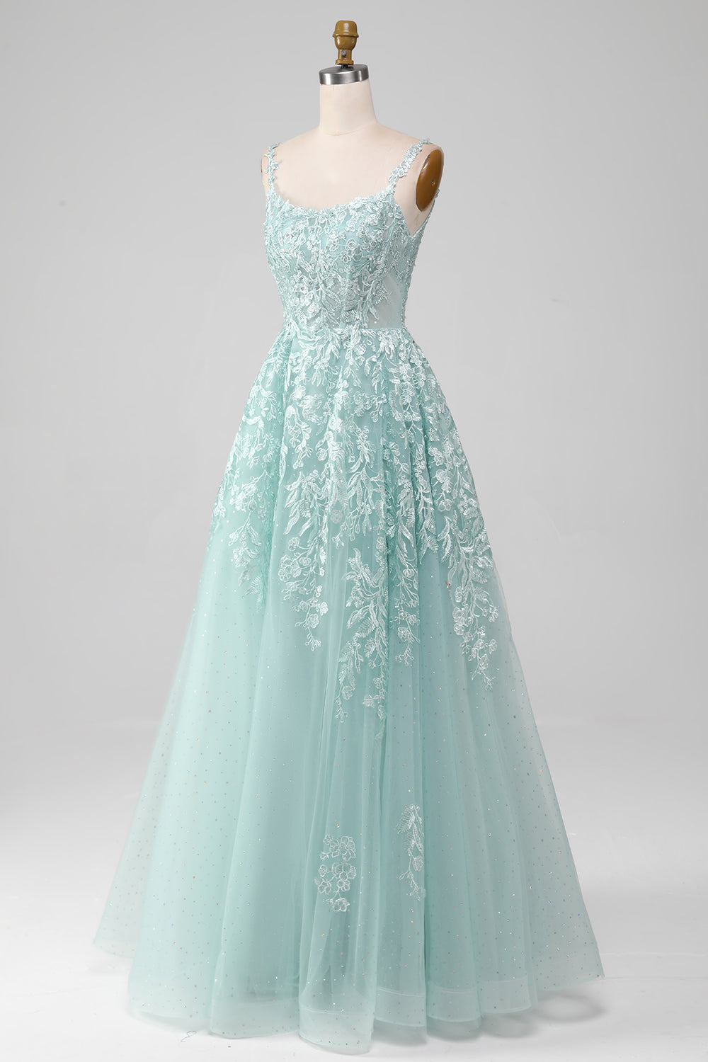 Luolandi Glitter Mint A-Line Tulle Long Prom Dress With Lace And Slit Beautiful