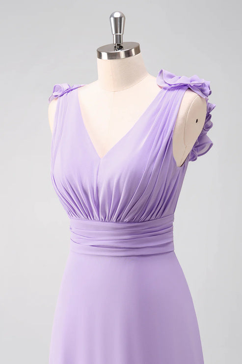 Luolandi Lilac Chiffon A-Line Ruched Bridesmaid Dress with Ruffles Solid Color Floor Length