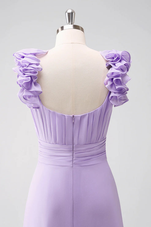 Luolandi Lilac Chiffon A-Line Ruched Bridesmaid Dress with Ruffles Solid Color Floor Length