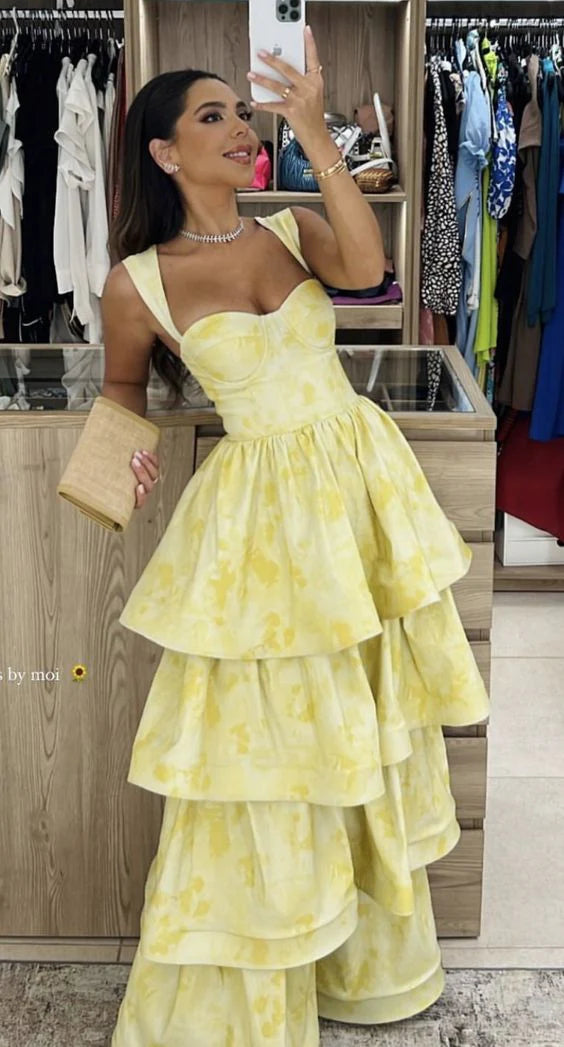 Luolandi Pastel Yellow Ruffle Tiered A-Line Long Party Prom Dress Formal Dress Beautiful