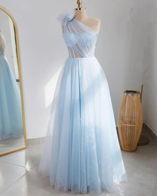 Luolandi Light Blue Tulle One Shoulder Dress A-Line Princess Prom Dresses Beautiful