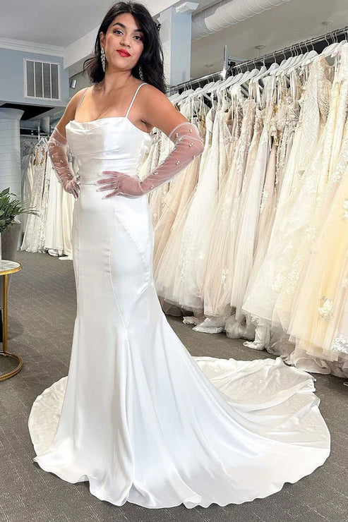 Luolandi Mermaid Cowl Neck Silk Satin Wedding Dresses Open Back Sexy Without Gloves