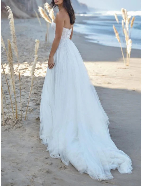 Luolandi Beach Sexy Wedding Dresses A-Line Sweetheart Strapless Court Train Lace Bridal Gowns With Pleats Split