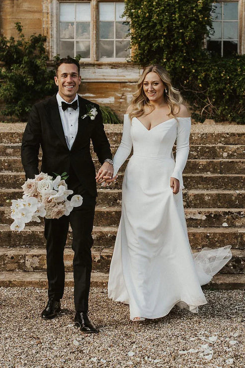 Luolandi Simple A-Line Off the Shoulder Long Sleeves Satin Wedding Dresses Sexy