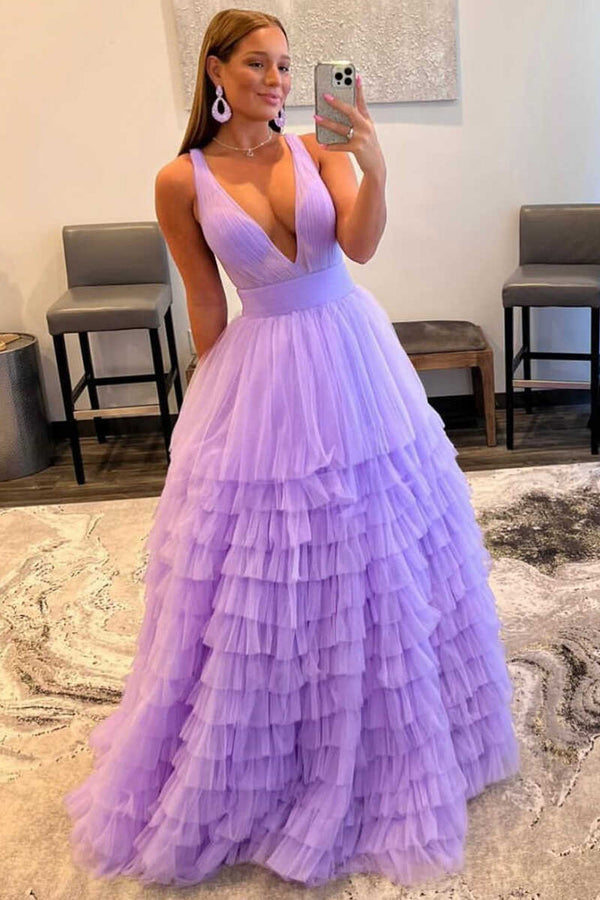 Luolandi A-line Orange V-Neck Tulle Long Prom Dress Solid Color Floor Length