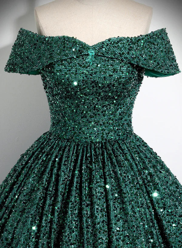 Luolandi A-Line Princess Glitter Dark Green Sequins Off Shoulder Ball Gown Prom Dress Formal Dress Sparkly