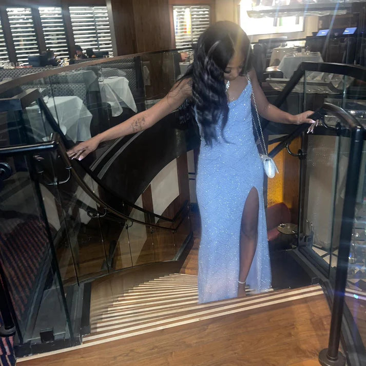 Luolandi Blue Sheath Evening Party Dress with High Slit Long Prom Dress Formal Dress