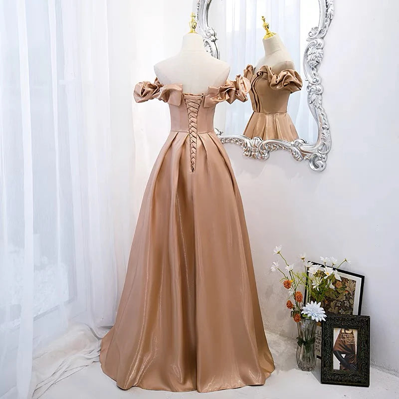 Luolandi A-Line Off Shoulder Satin Champagne Long Prom Dress Formal Dress december wedding guest dress