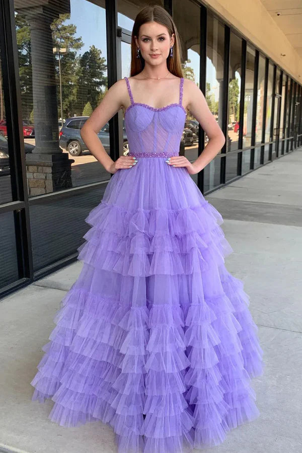 Luolandi Lilac Sweetheart Ruffle Tulle A-Line Long Prom Dresses with Beading Floor Length Evening Dress
