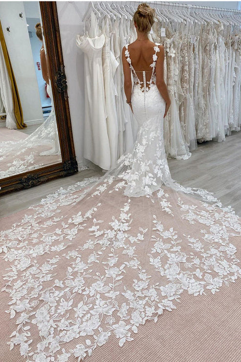 Luolandi Mermaid Sweetheart Floral Straps Satin Wedding Dresses with Appliques Beautiful