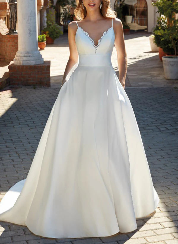 Luolandi Satin Wedding Dress With Lace A Line V-neck Sleeveless Floor Length With Pockets Simple