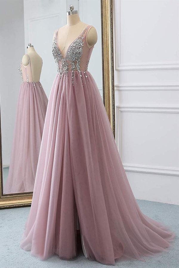 Luolandi A Line Sparkly V Neck Tulle Long Prom Dress Open Back Floor Length With Slit Sexy