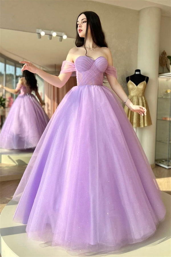 Luolandi Lilac Off-the-Shoulder Lace-Up Tulle Long Prom Dress Beautiful Elegant