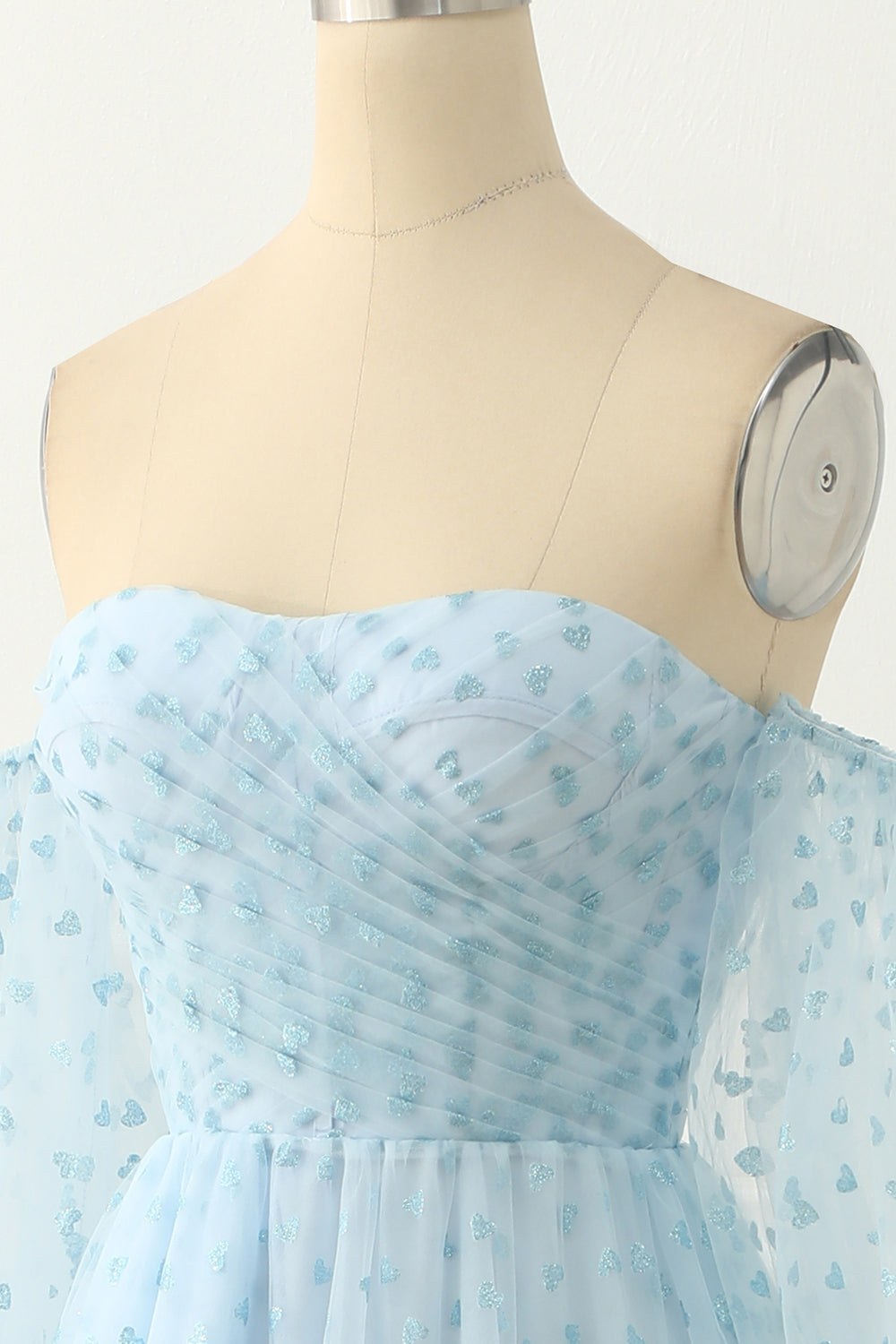 Luolandi Sky Blue Tulle Off The Shoulder Long Prom Dress Floor Length With Sleeves