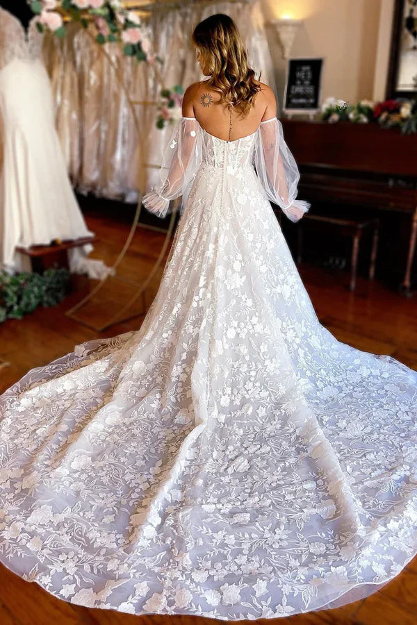 Luolandi A-Line Sweetheart Corset Long Sleeves Long Lace Wedding Dress Off Shoulder Beautiful