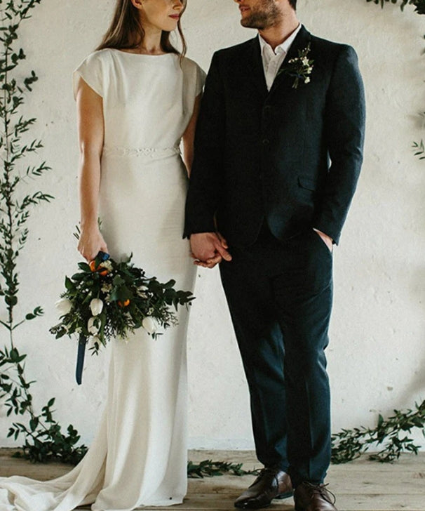 Luolandi Simple Sheath Wedding Dresses With Cap Sleeves Gown Floor Length Elegant Bridal Gown