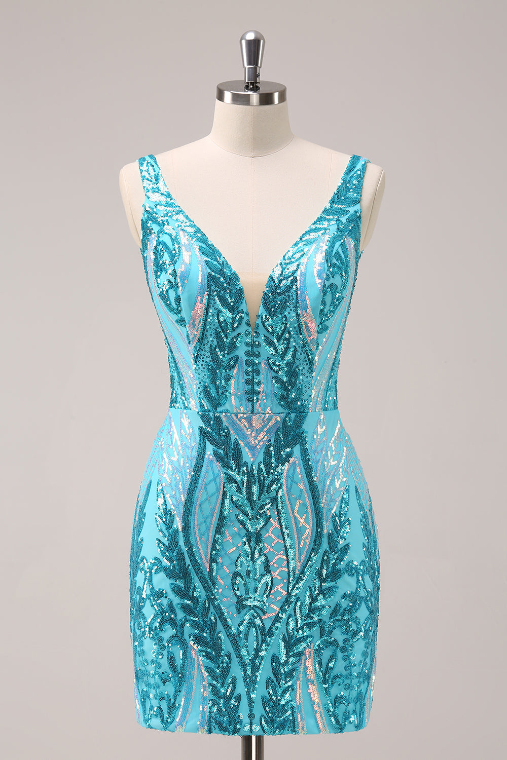 Luolandi Sparkly Blue Bodycon V Neck Backless Short Homecoming Dress with Sequins Party Dress