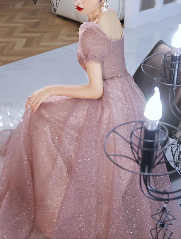 Luolandi A-Line Beautiful Back Elegant Prom Formal Evening Birthday Dress Sweetheart Neckline Short Sleeve Floor Length Lace with Beading