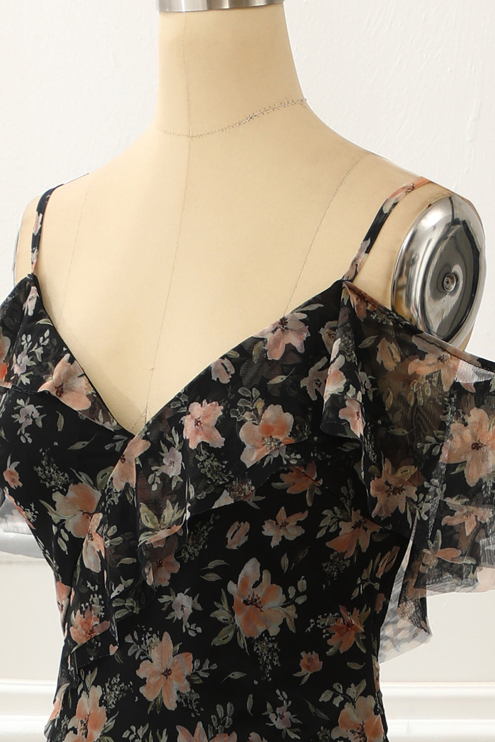 Luolandi Off The Shoulder Black A Line Prom Dress With Floral V-neck Floor Length