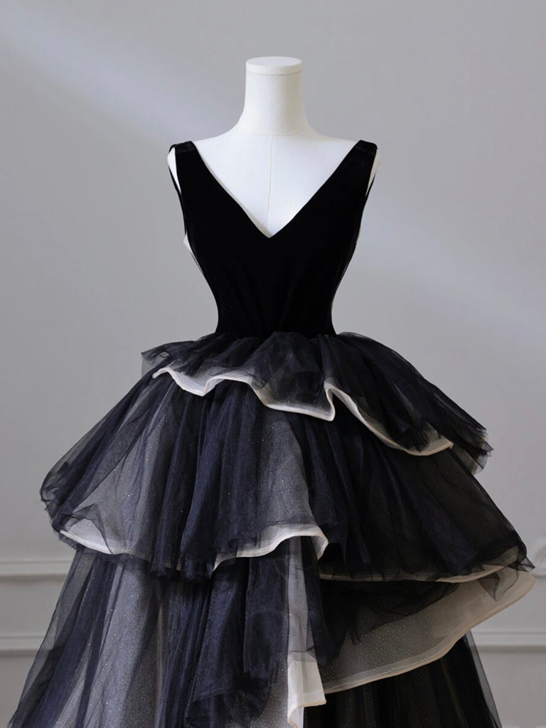 Luolandi Black V Neck Tulle Velvet Long Prom Dress Formal Dress Sleeveless Evening Dress